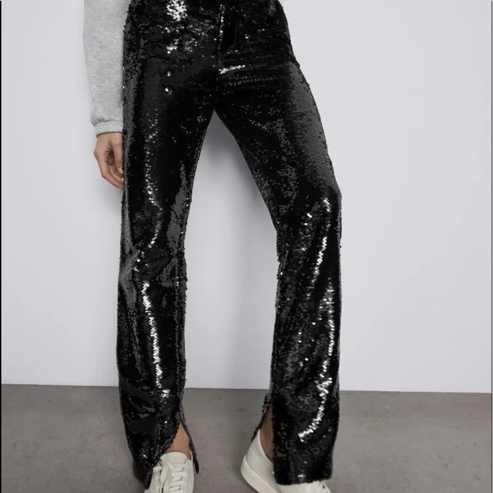 Zara SEQUINNED HighWaist TROUSERS Side Slit Pocket